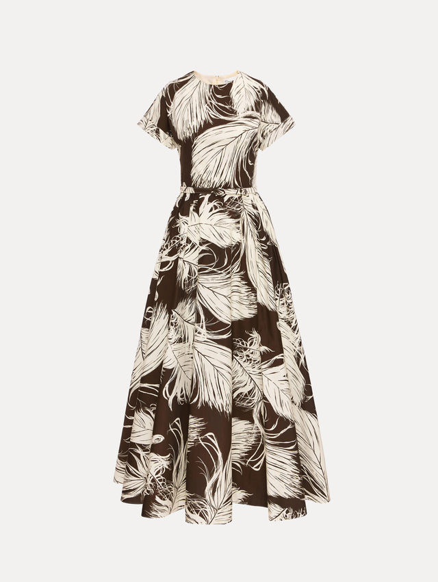 Ivory and Brown Feather Cotton Poplin Dress with short sleeves, fitted waist, and full skirt, featuring bold feather print throughout.