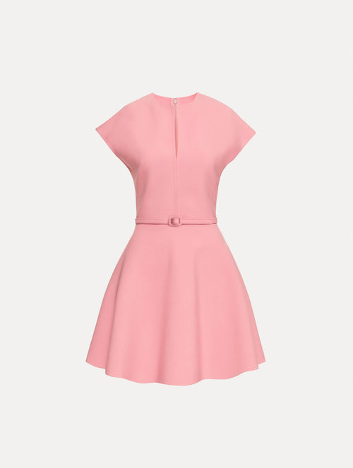 Pink Split Neck Wool Mini Dress with felted waist and flared skirt.