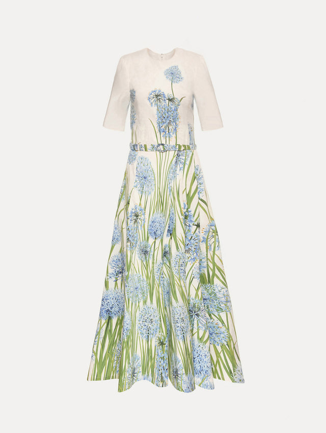 Ivory Degradé Allium Cotton Poplin Dress with three quarter sleeves and a belted waist. Front View.