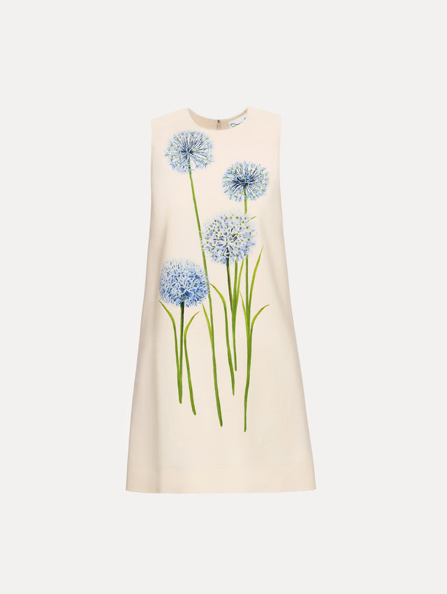Ivory Allium Wool Shift Dress featuring a blue allium floral print accents on the front.