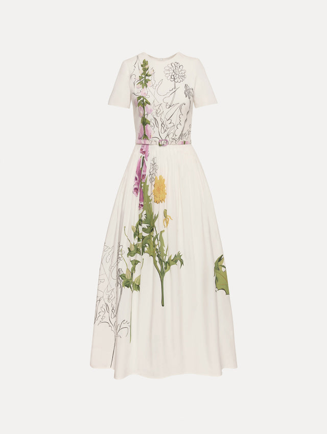White Foxglove Sketch Cotton Poplin Dress featuring colorful flowers and black sketch-style outlines, fitted waist, and a full skirt.