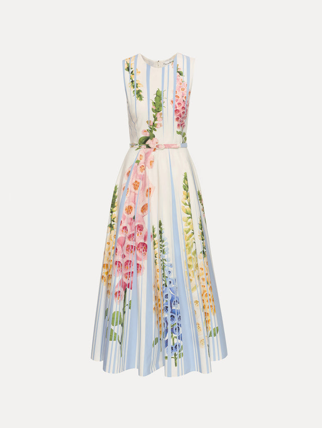 White and Blue Foxglove Trompe L’oeil Cotton Poplin Dress with belted waist and printed foxglove motifs.
