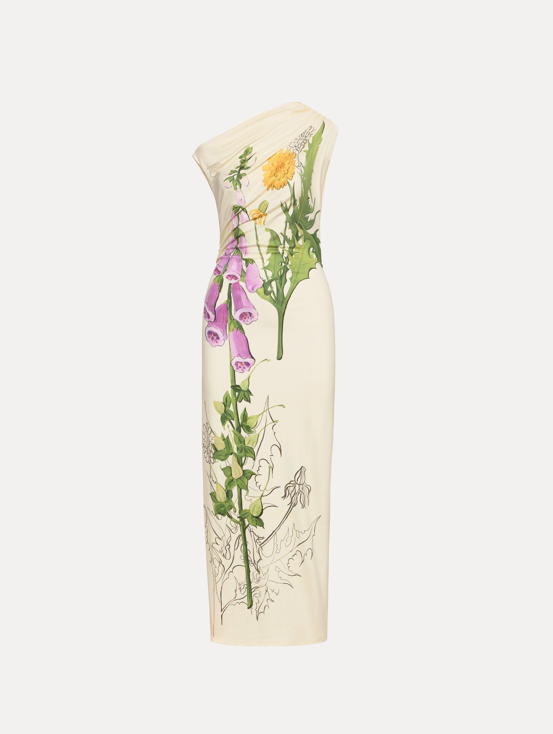 Ivory Foxglove Sketch Jersey Dress with multicolor botanical print and a one shoulder silhouette. 