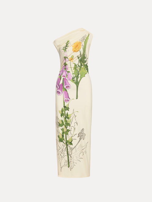 Ivory Foxglove Sketch Jersey Dress with multicolor botanical print and a one shoulder silhouette. 