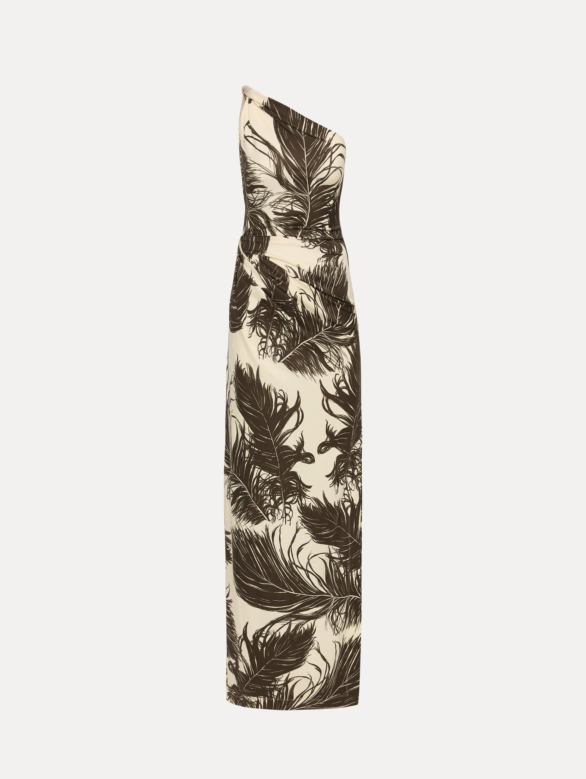 Ivory and Black Feather Jersey Maxi Dress with a one shoulder slim silhouette, featuring bold black feather print detailing.