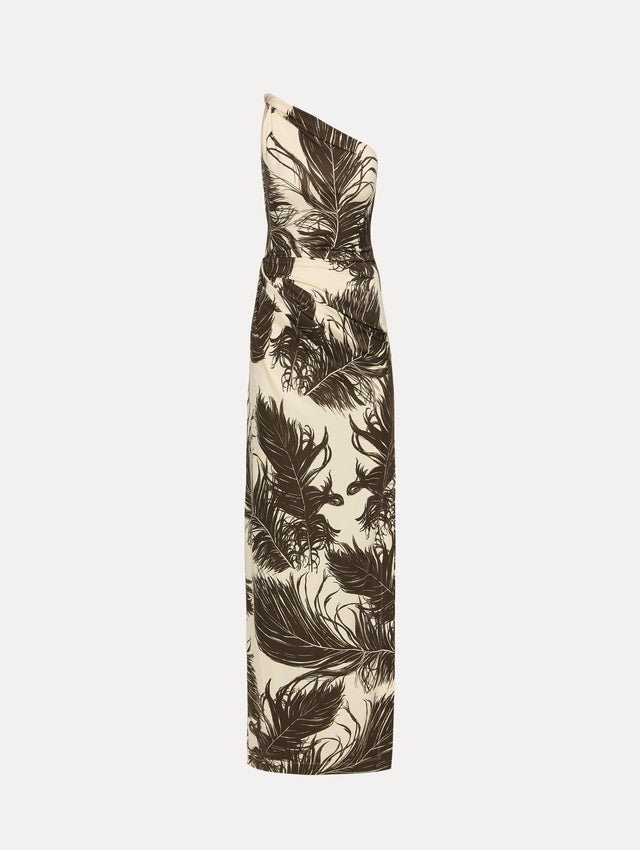 Ivory and Black Feather Jersey Maxi Dress with a one shoulder slim silhouette, featuring bold black feather print detailing.