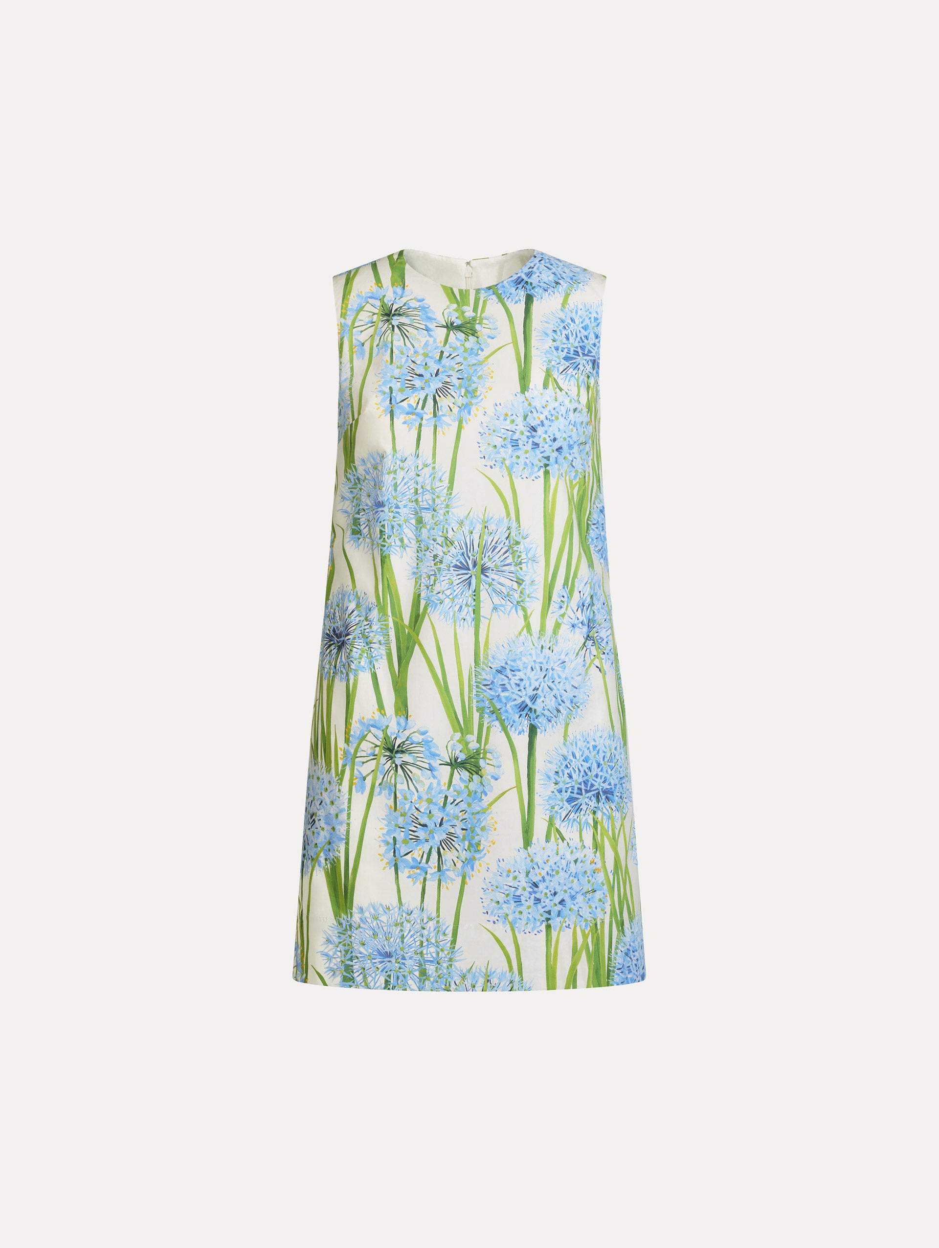 Ivory Allium Cotton Poplin Sleeveless Shift Dress with blue and green floral allium print. Front View.