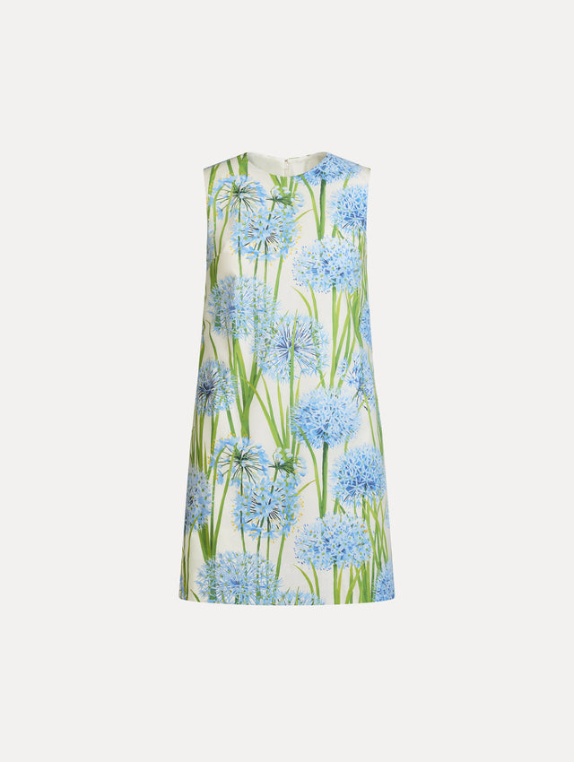 Ivory Allium Cotton Poplin Sleeveless Shift Dress with blue and green floral allium print. Front View.
