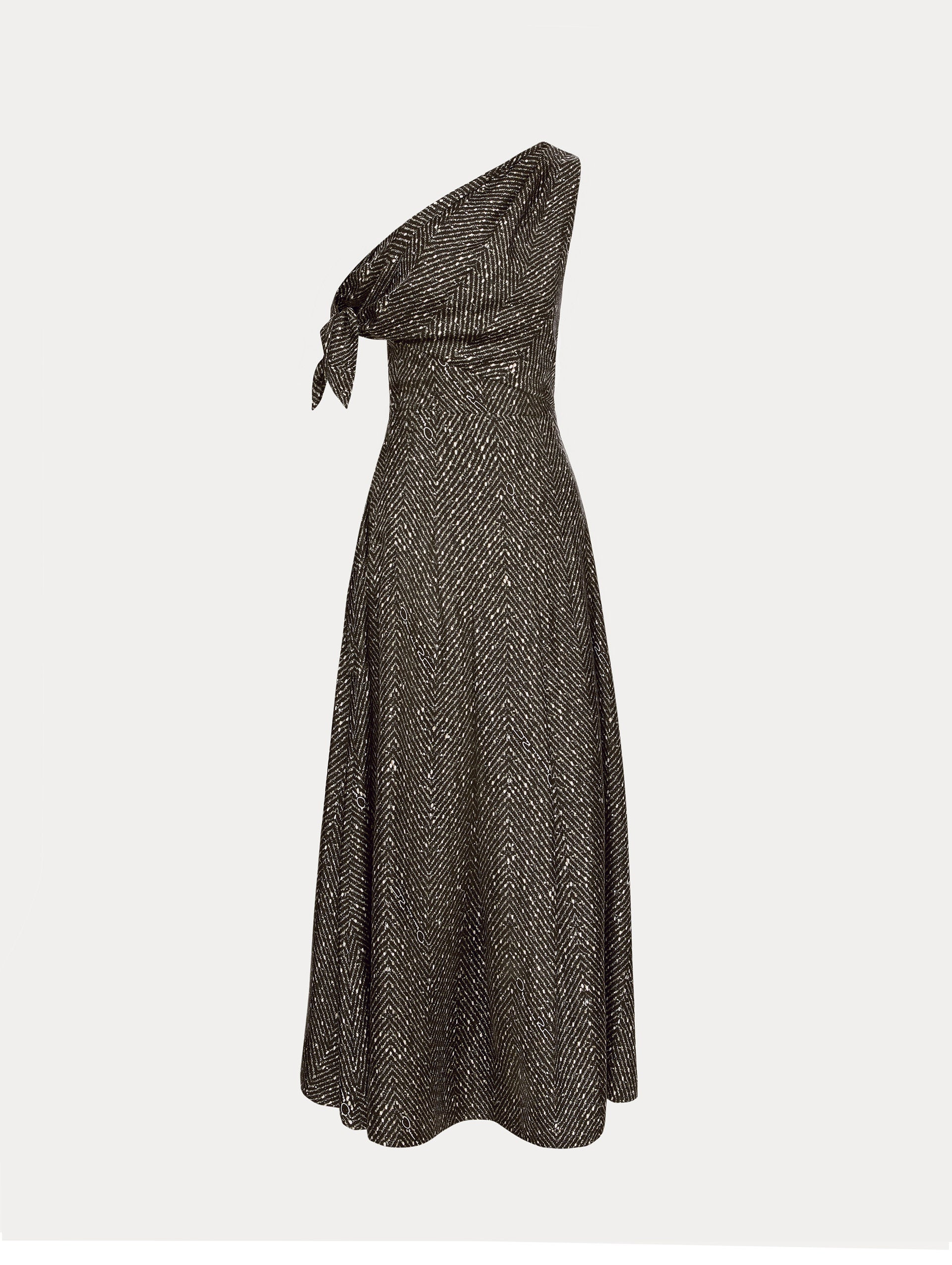 Black and Ivory Chevron Silk Twill Dress with one shoulder draped neckline and tie sleeve detail.