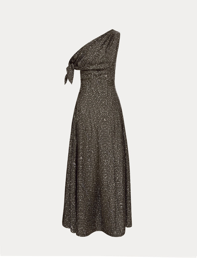 Black and Ivory Chevron Silk Twill Dress with one shoulder draped neckline and tie sleeve detail.