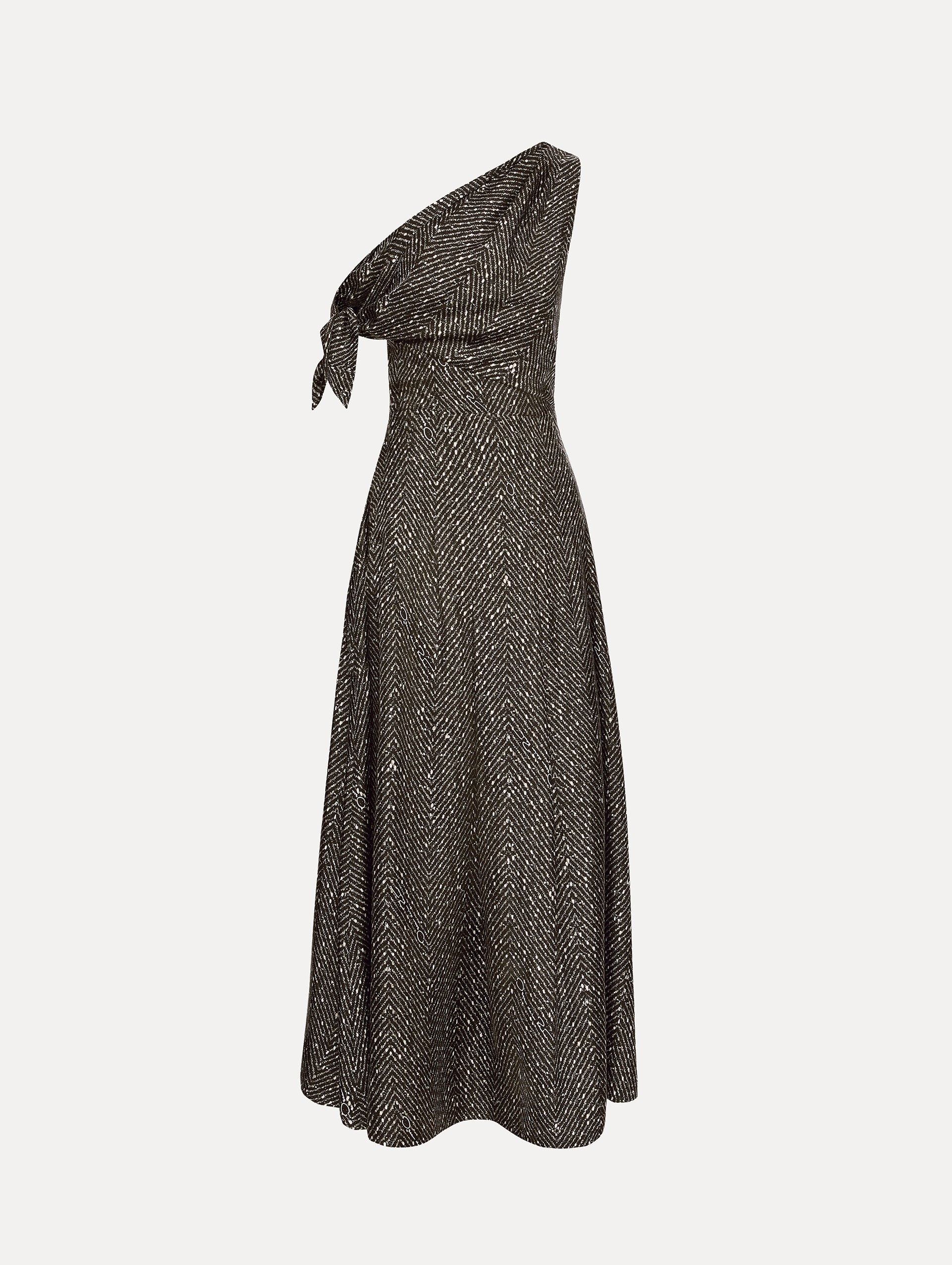 Black and Ivory Chevron Silk Twill Dress with one shoulder draped neckline and tie sleeve detail. Front View.