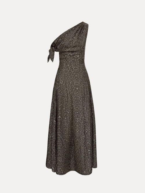 Black and Ivory Chevron Silk Twill Dress with one shoulder draped neckline and tie sleeve detail. Front View.