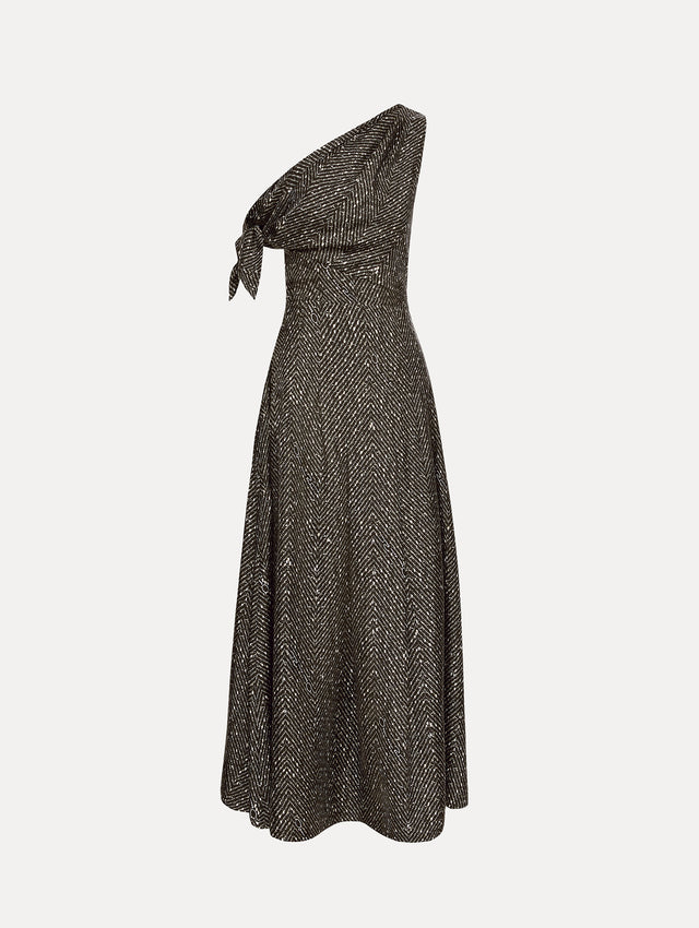 Black and Ivory Chevron Silk Twill Dress with one shoulder draped neckline and tie sleeve detail. Front View.