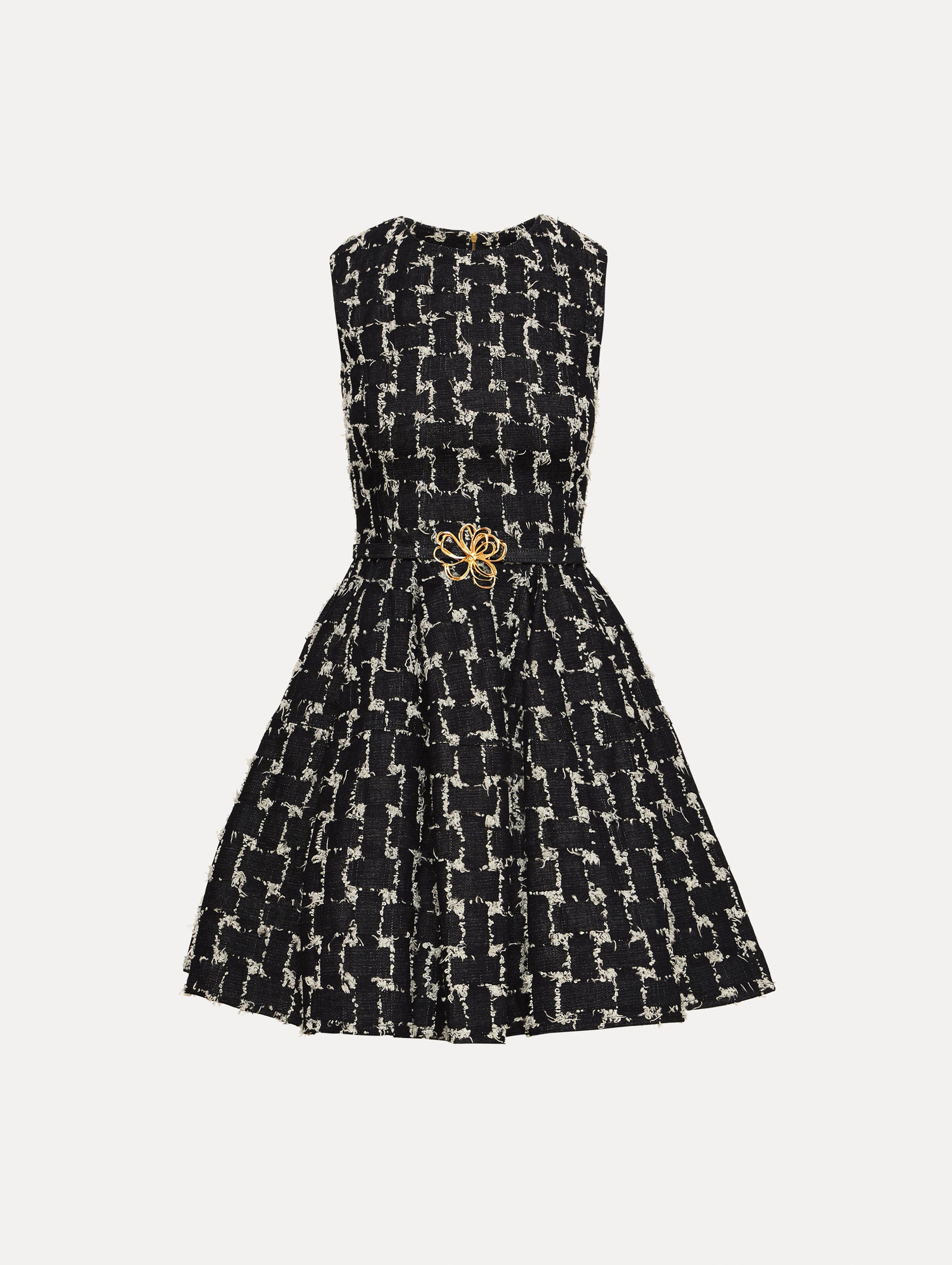 Black and Ivory Woven Denim Jacquard Mini Dress with a fitted waist, flared skirt, and gold floral belt detail.
