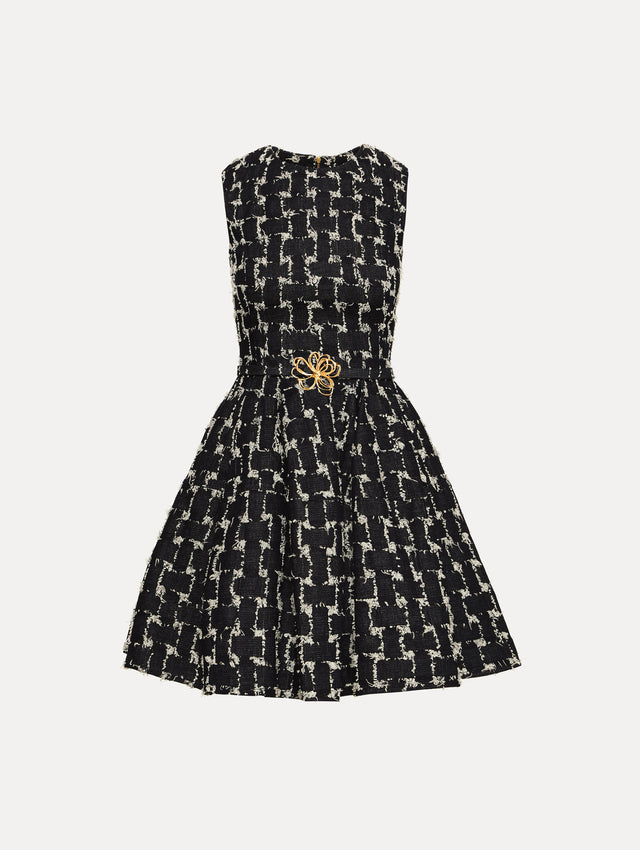 Black and Ivory Woven Denim Jacquard Mini Dress with a fitted waist, flared skirt, and gold floral belt detail.