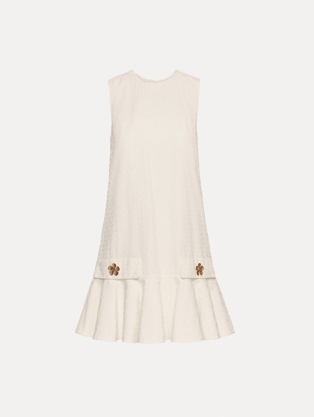 White Oscar Chain-Link Cotton Poplin Dress with drop waist, flared hem, and gold floral button accents on front pockets.