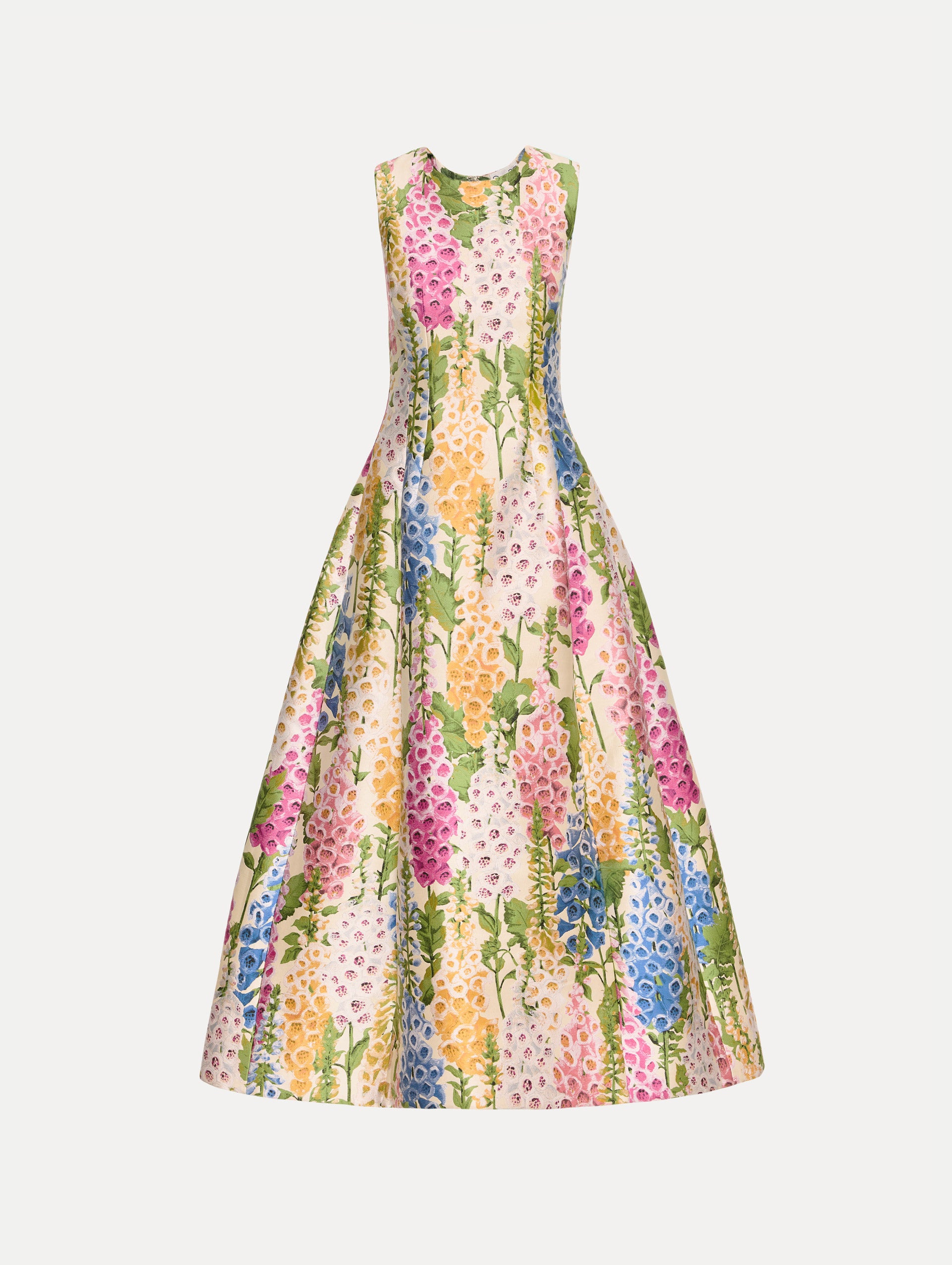 Ivory printed Foxglove Jacquard Cocktail Dress with fitted bodice and flared full-length skirt.