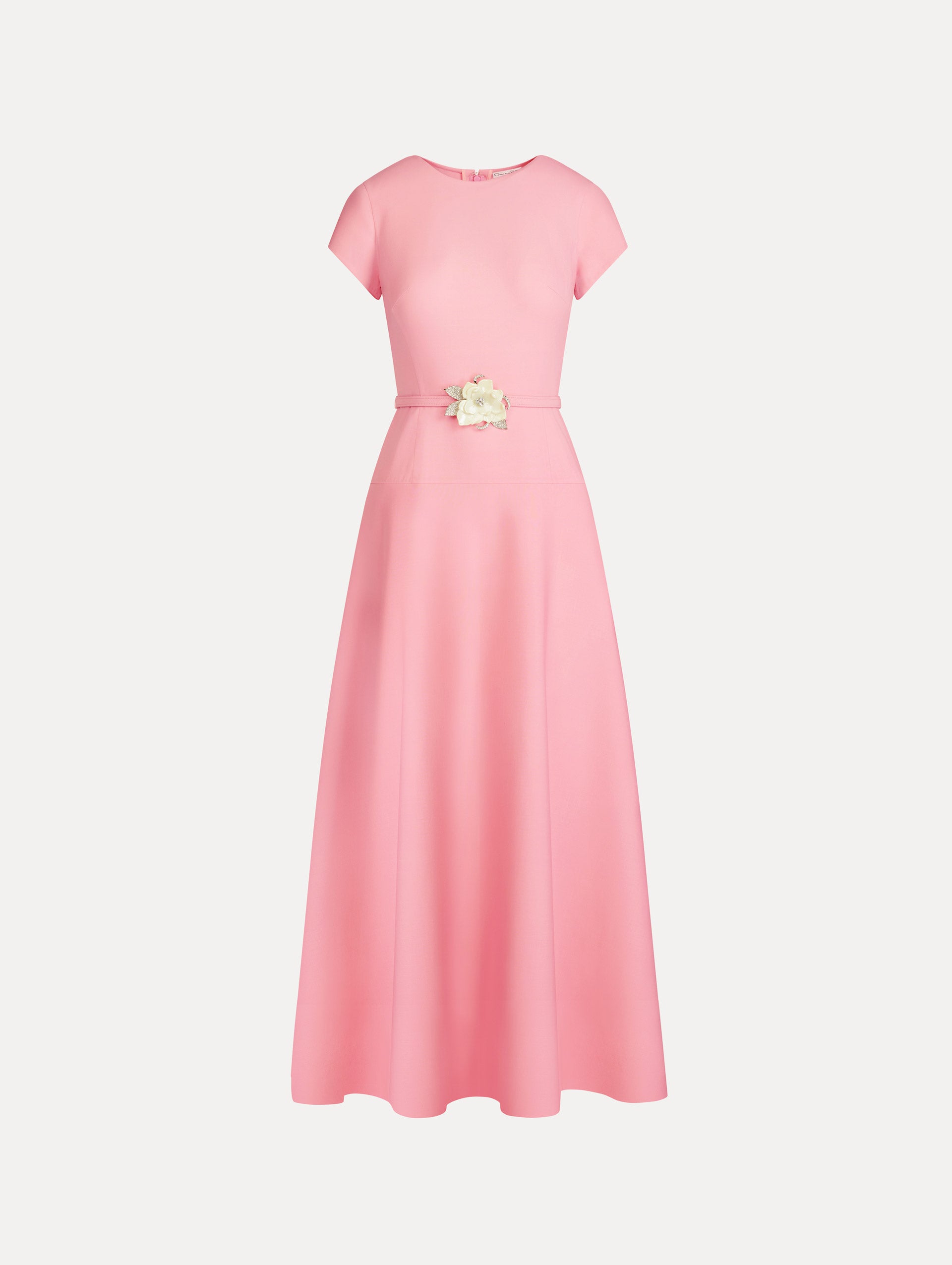 Pink Floral Belt Short Sleeve Dress with short sleeves and a belted waist featuring a white floral accent. Front View.