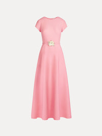Pink Floral Belt Short Sleeve Dress with short sleeves and a belted waist featuring a white floral accent. Front View.