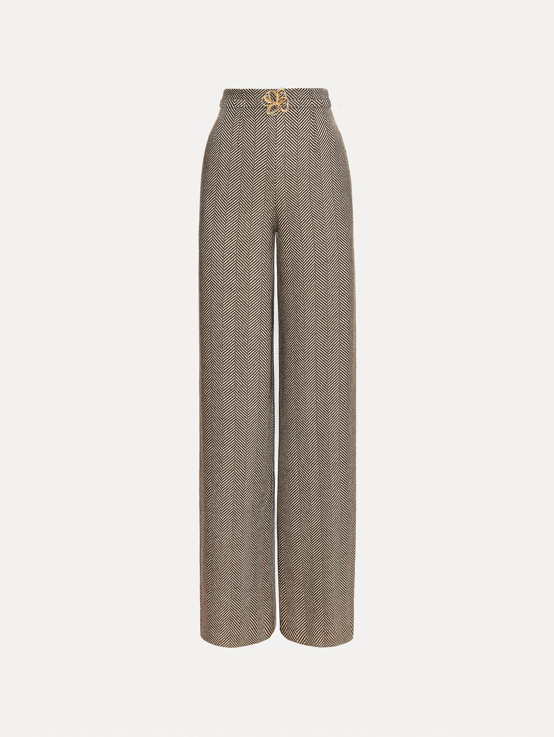 Brown and Ivory Chevron Cashmere-Blend Pant featuring a high waist and pockets. Front View.