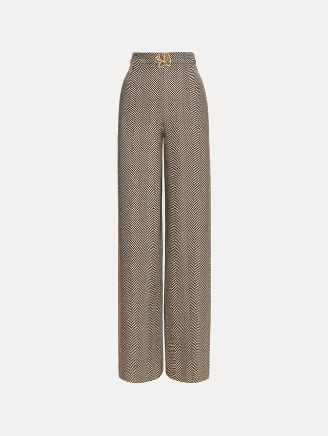 Brown and Ivory Chevron Cashmere-Blend Pant featuring a high waist and pockets. Front View.