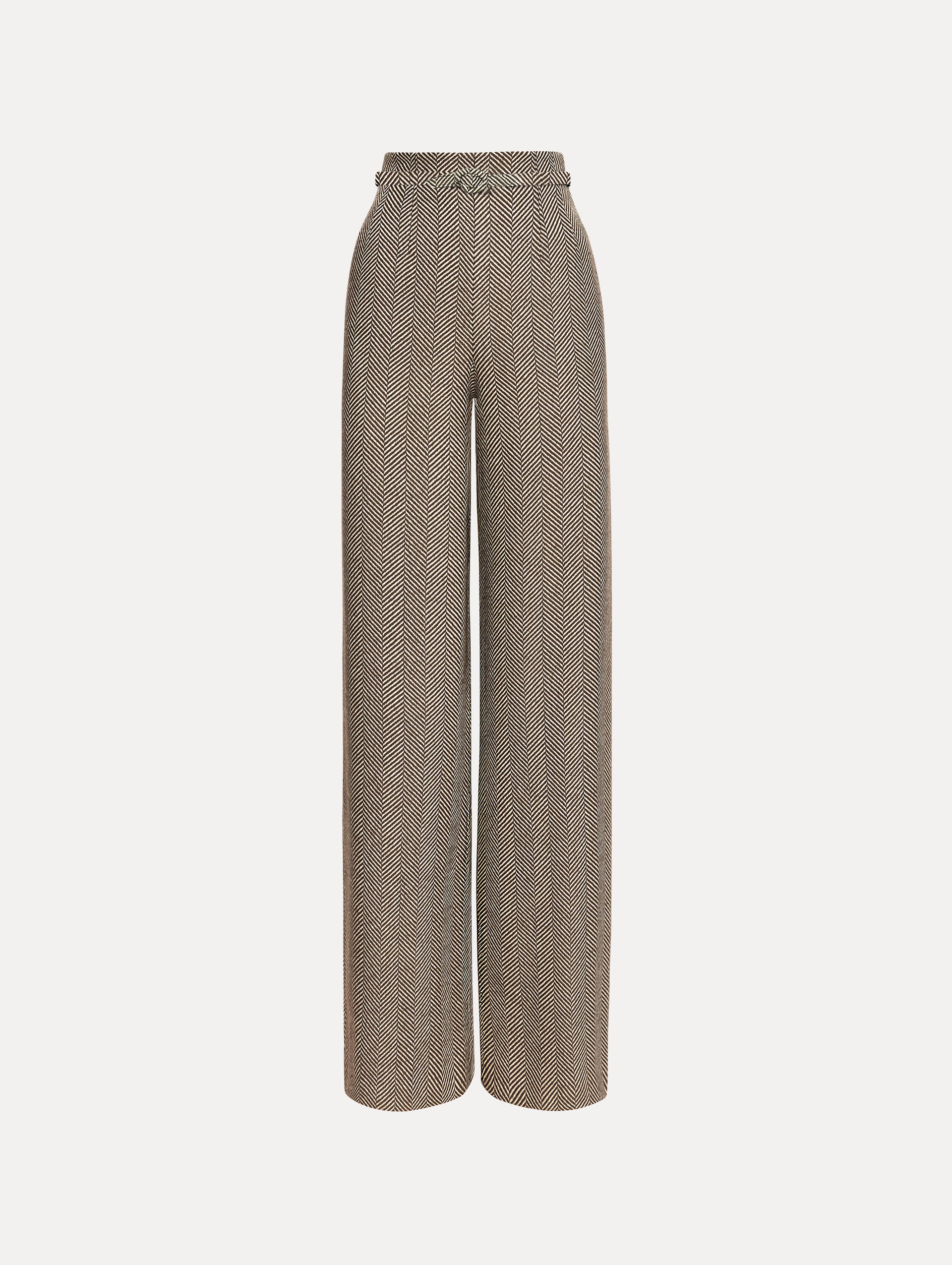The Chevron Cashmere-Blend Pant featuring a high waist, pockets, and coordinating belt. Front View.