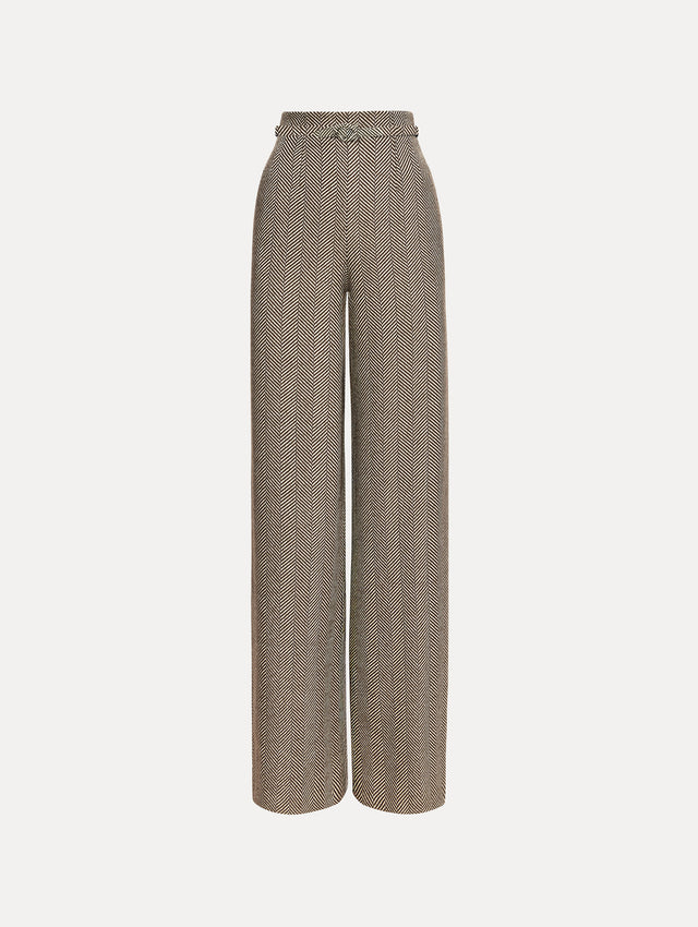 The Chevron Cashmere-Blend Pant featuring a high waist, pockets, and coordinating belt. Front View.