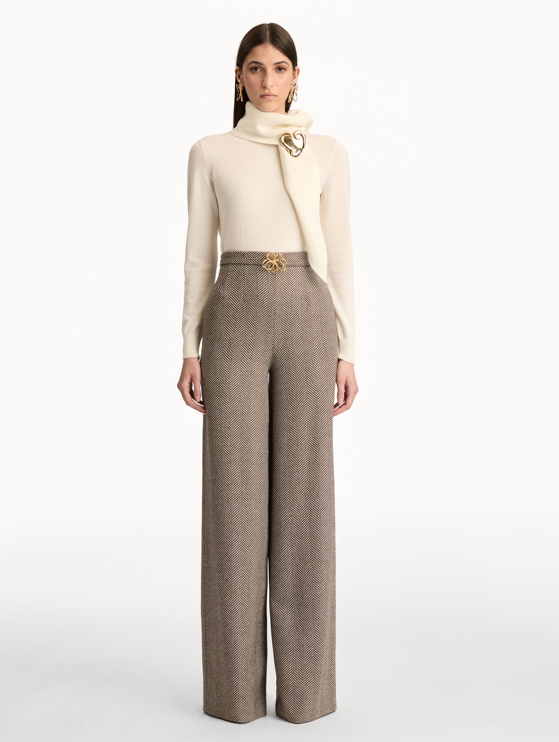 Brown and Ivory Chevron Cashmere-Blend Pant featuring a high waist and pockets. Front View.