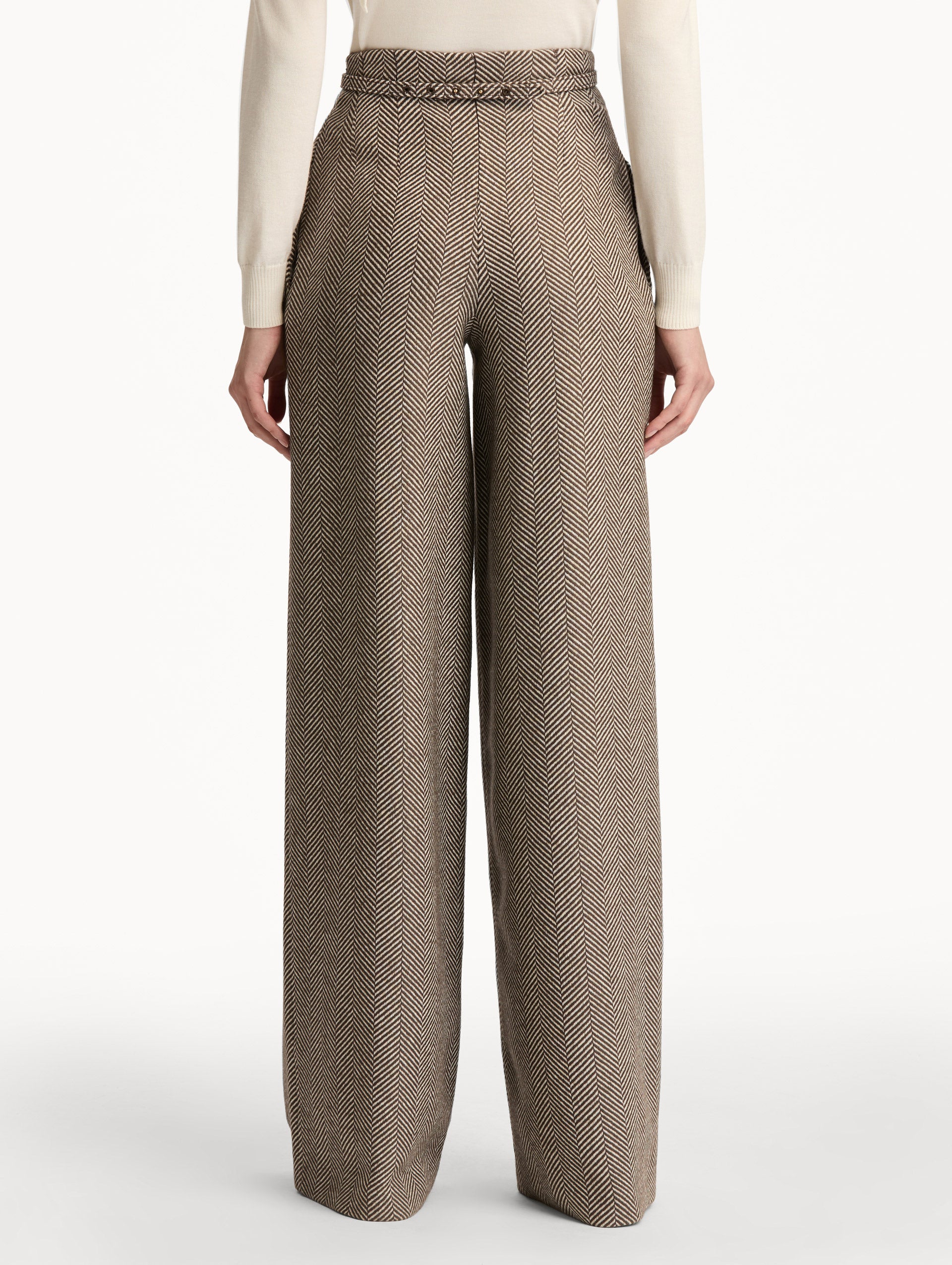 Brown and Ivory Chevron Cashmere-Blend Pant featuring a high waist and pockets. Back View.