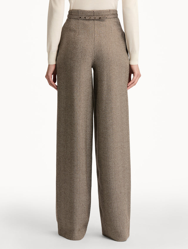 Brown and Ivory Chevron Cashmere-Blend Pant featuring a high waist and pockets. Back View.