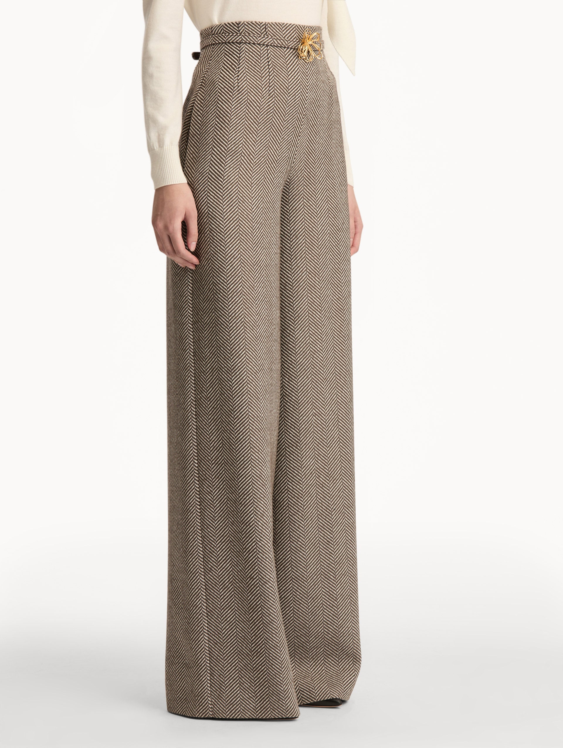 Brown and Ivory Chevron Cashmere-Blend Pant featuring a high waist and pockets. Side View.