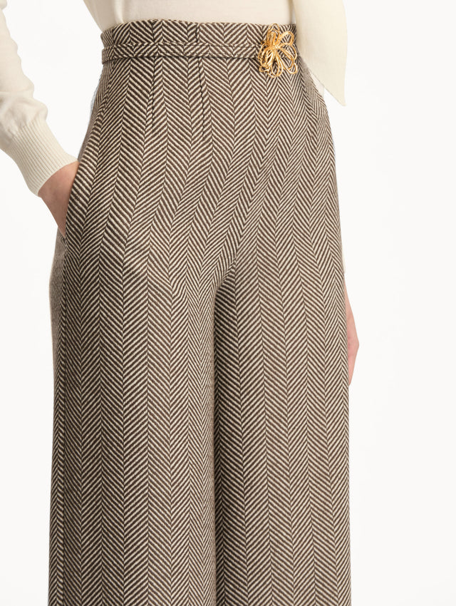 Brown and Ivory Chevron Cashmere-Blend Pant featuring a high waist and pockets. Zoom View.