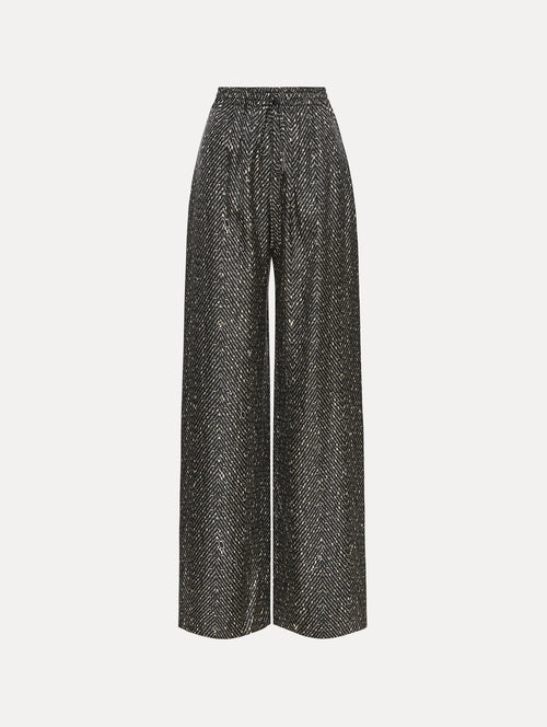 Black and Ivory Chevron Silk Twill Drawstring Pant featuring a high elastic waistband and fluid, shimmering drape.