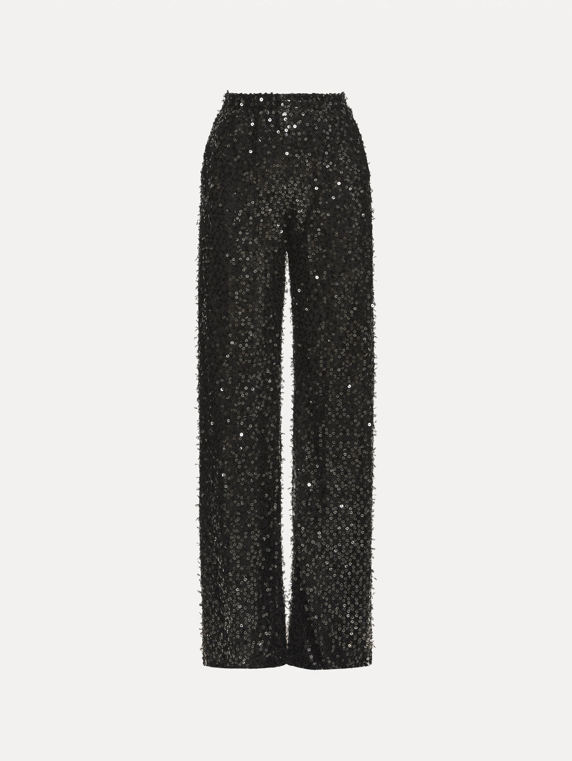 Black Floating Sequin Pant with high waist and wide leg silhouette.