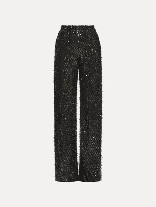Black Floating Sequin Pant with high waist and wide leg silhouette.