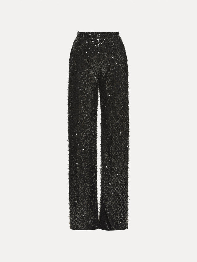 Black Floating Sequin Pant with high waist and wide leg silhouette.