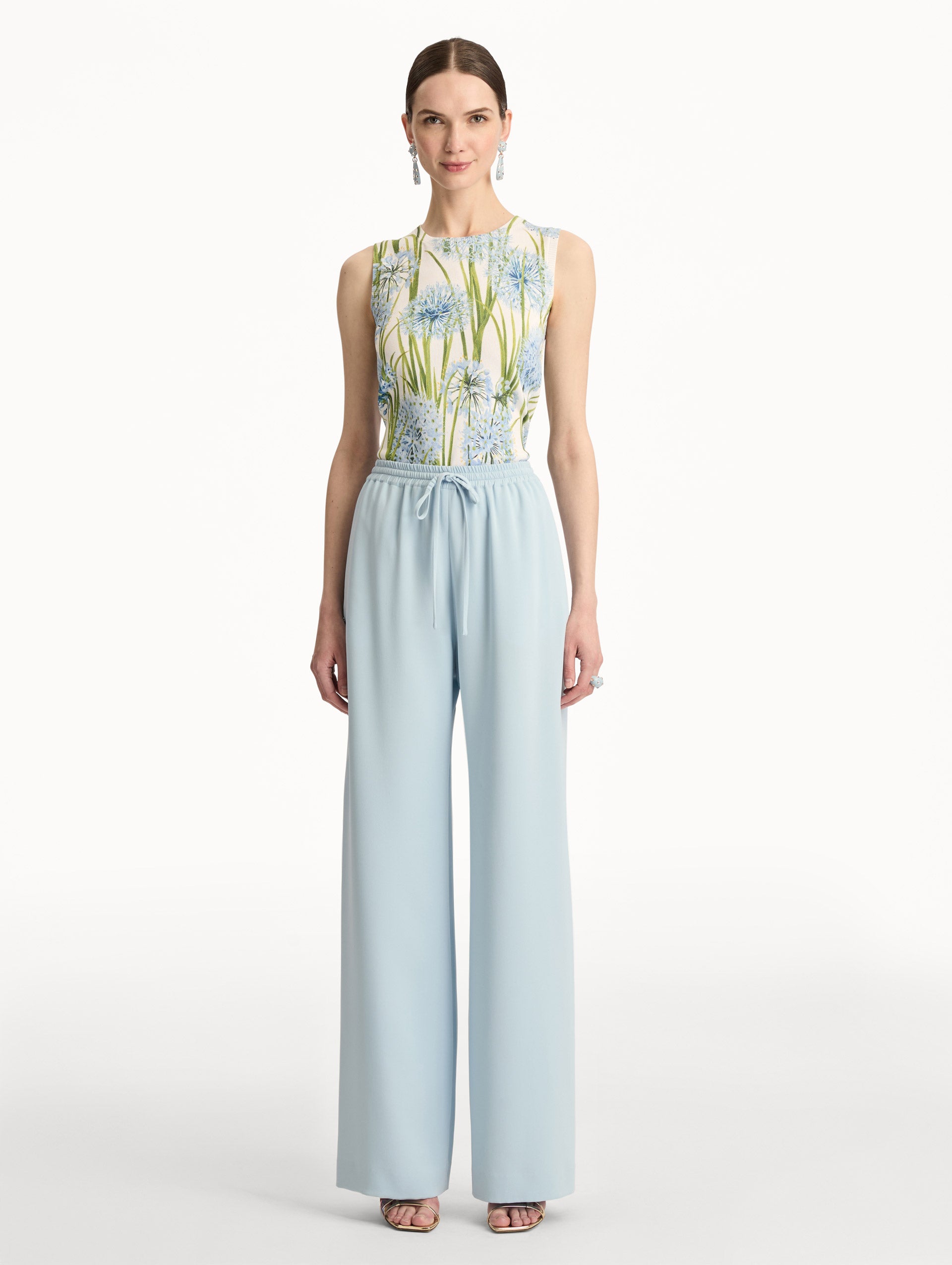 Sky Blue Silk Georgette Drawstring Pant with high drawstring waist and flowy silhouette. Front View.