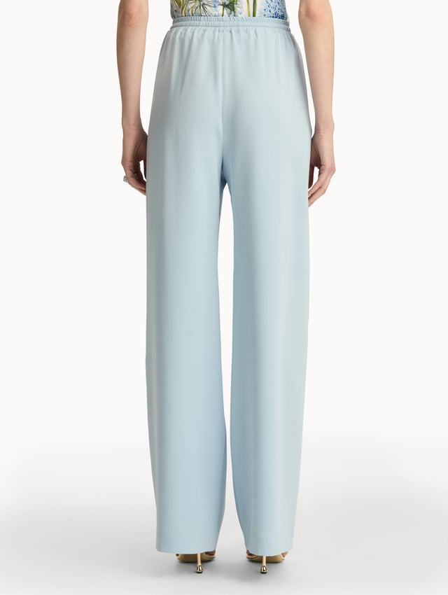Sky Blue Silk Georgette Drawstring Pant with high drawstring waist and flowy silhouette. Back View.