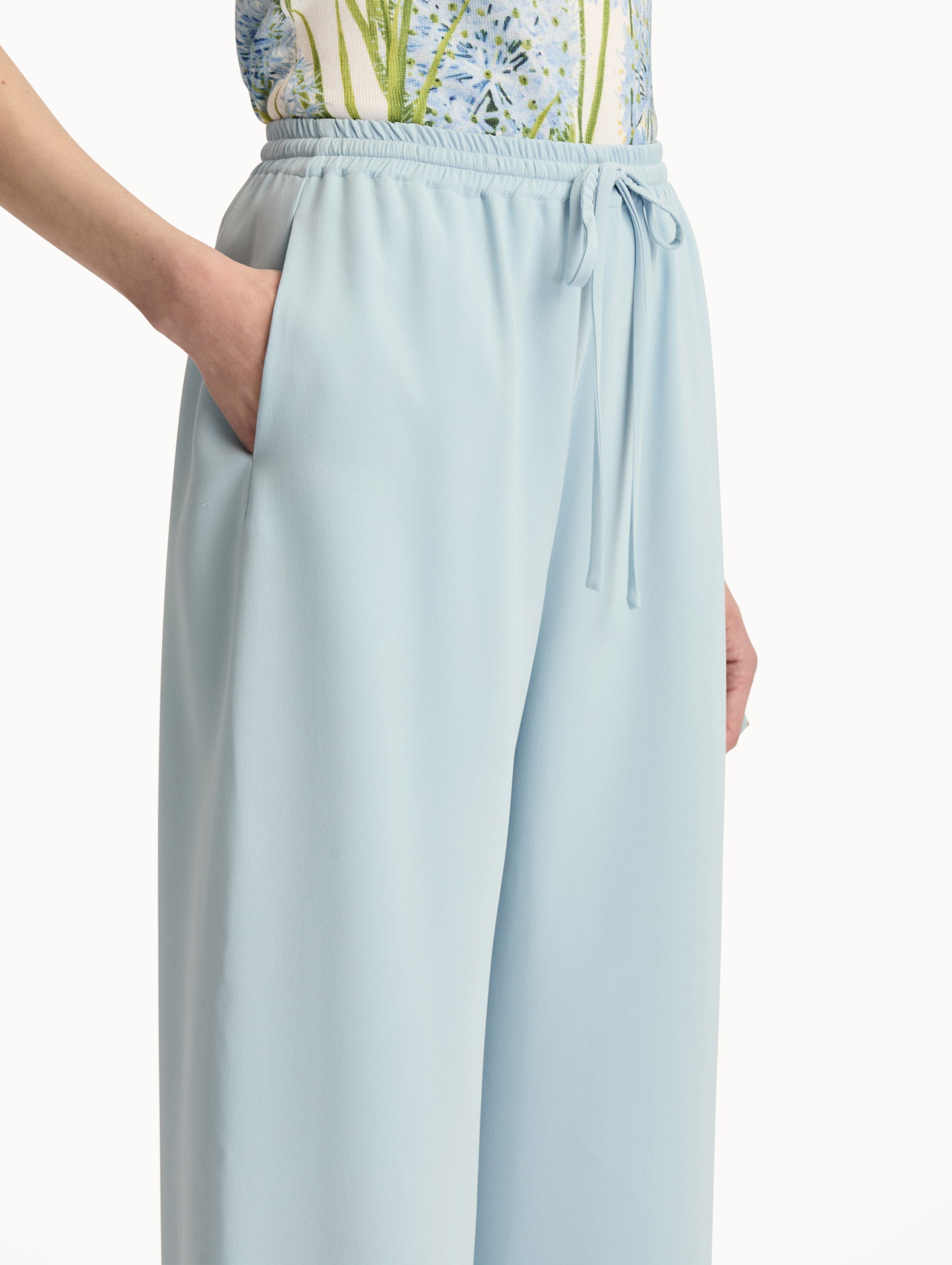 Sky Blue Silk Georgette Drawstring Pant with high drawstring waist and flowy silhouette. Zoom View.