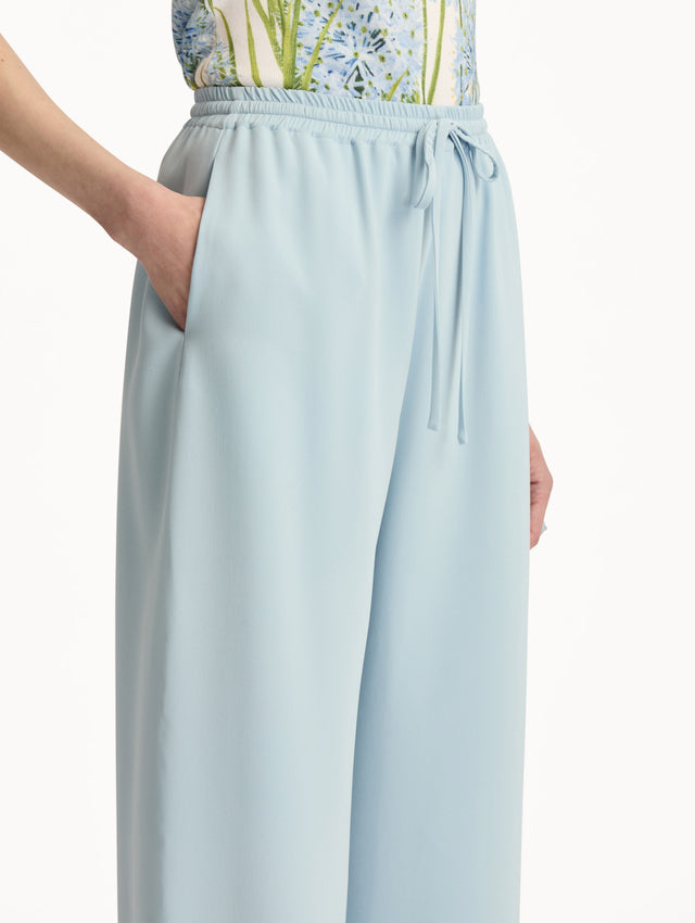 Sky Blue Silk Georgette Drawstring Pant with high drawstring waist and flowy silhouette. Zoom View.