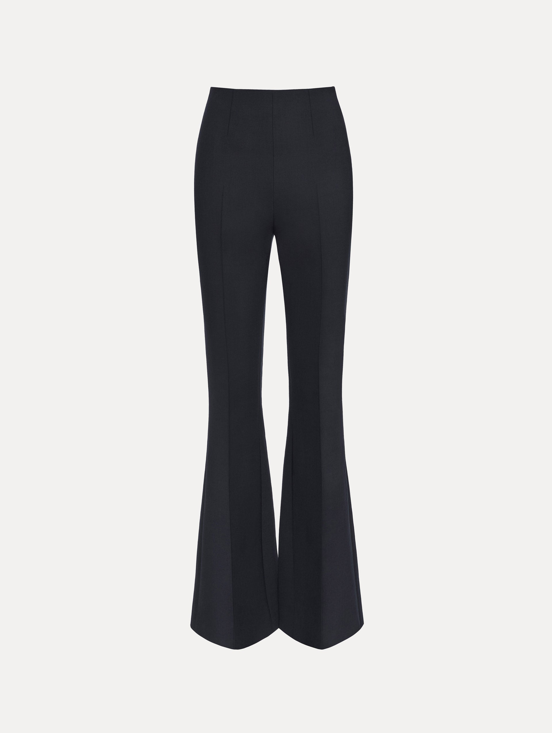 Navy Wool Flared Pants featuring a high waist, front crease detailing, and slightly flared hem.