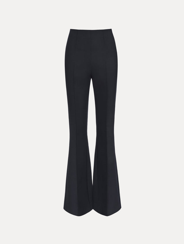 Navy Wool Flared Pants featuring a high waist, front crease detailing, and slightly flared hem.