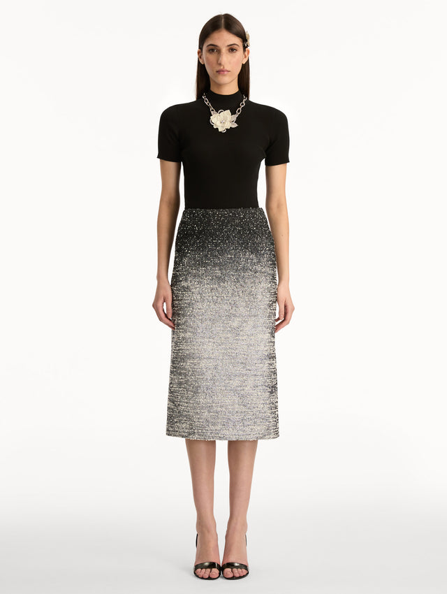 Black and Ivory Ombré Lurex Bouclé Jacquard Skirt featuring a fitted silhouette and a textured metallic finish.  Front View.
