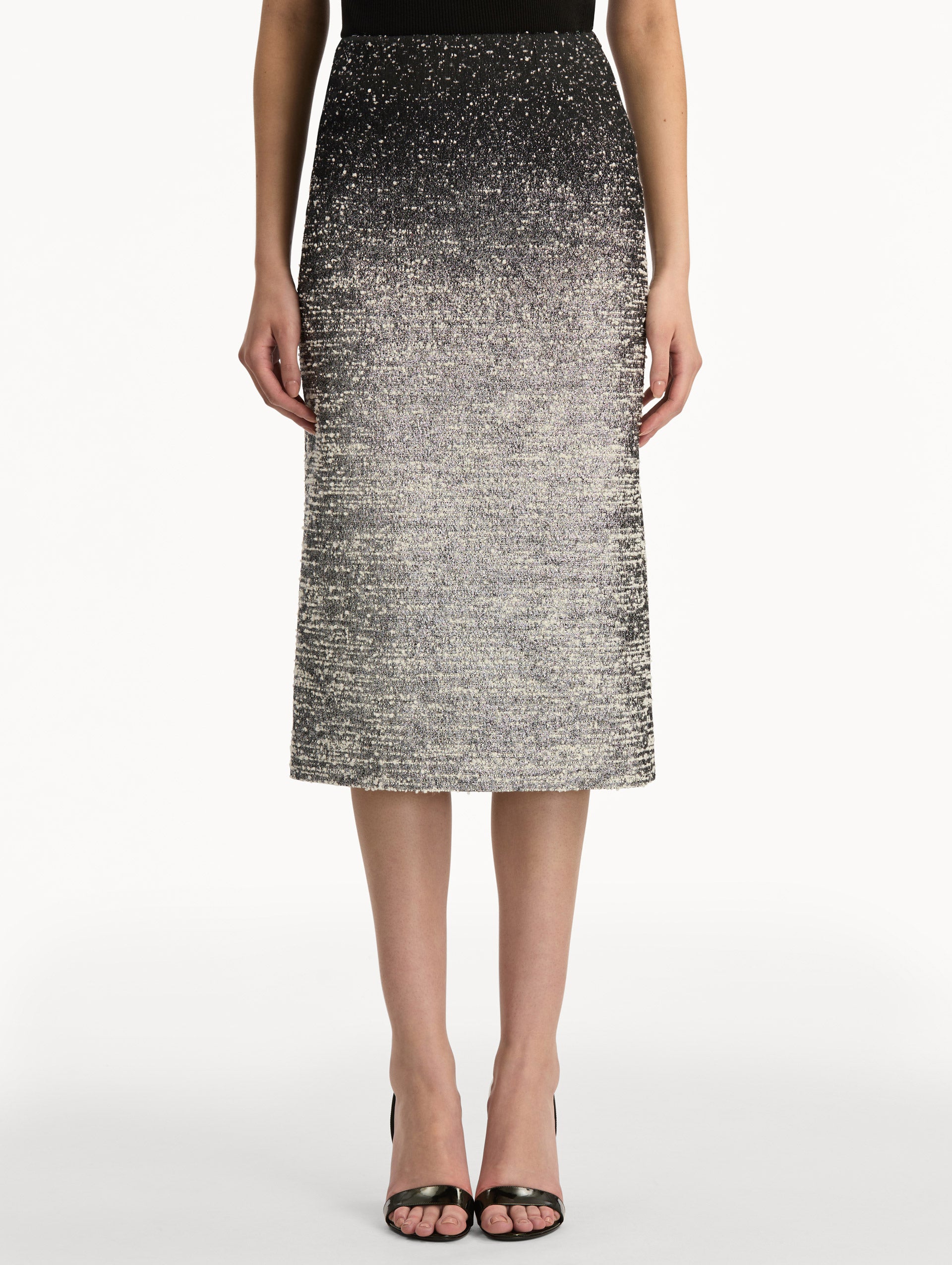 Black and Ivory Ombré Lurex Bouclé Jacquard Skirt featuring a fitted silhouette and a textured metallic finish. Front View.