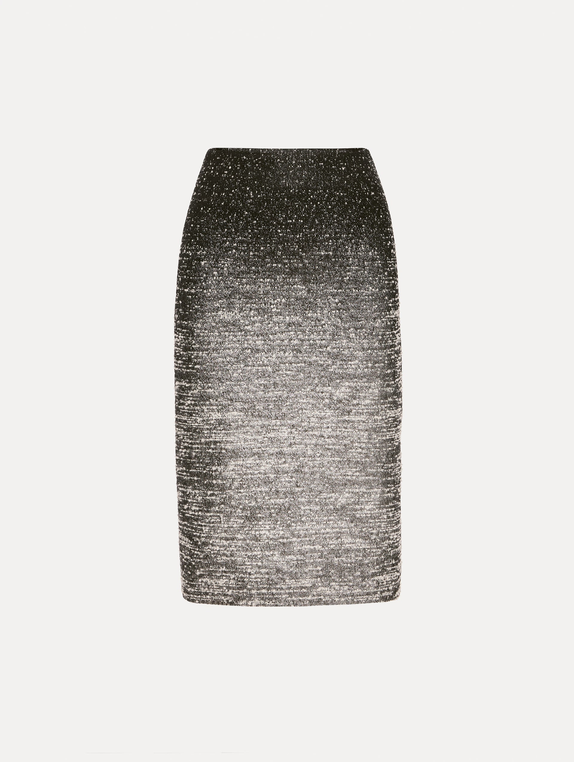 Black and Ivory Ombré Lurex Bouclé Jacquard Skirt featuring a fitted silhouette and a textured metallic finish. 
