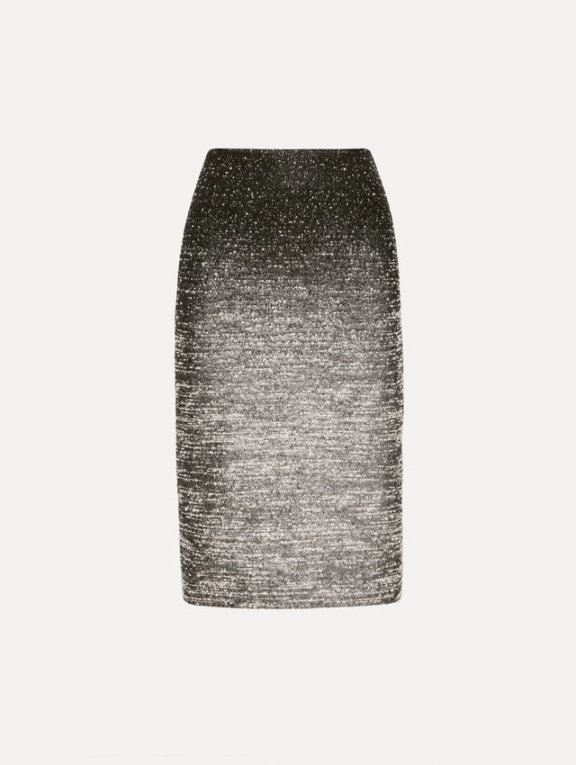 Black and Ivory Ombré Lurex Bouclé Jacquard Skirt featuring a fitted silhouette and a textured metallic finish. 