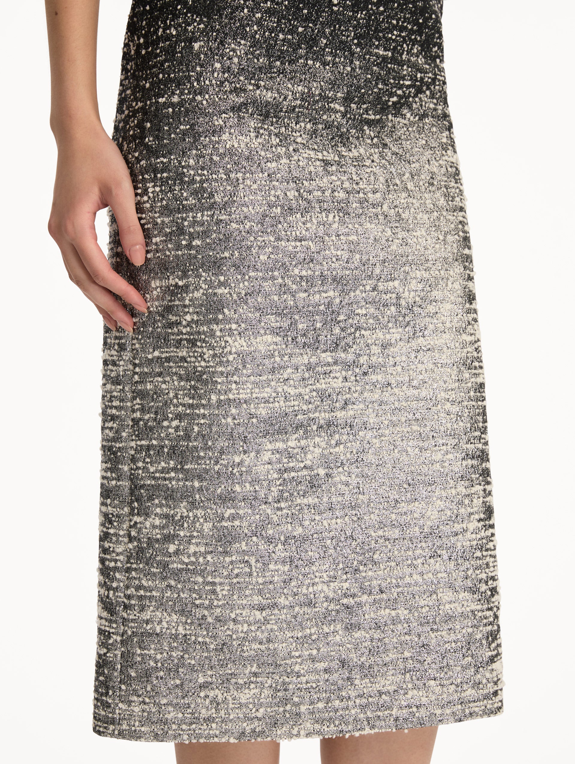 Black and Ivory Ombré Lurex Bouclé Jacquard Skirt featuring a fitted silhouette and a textured metallic finish.  Zoom View.