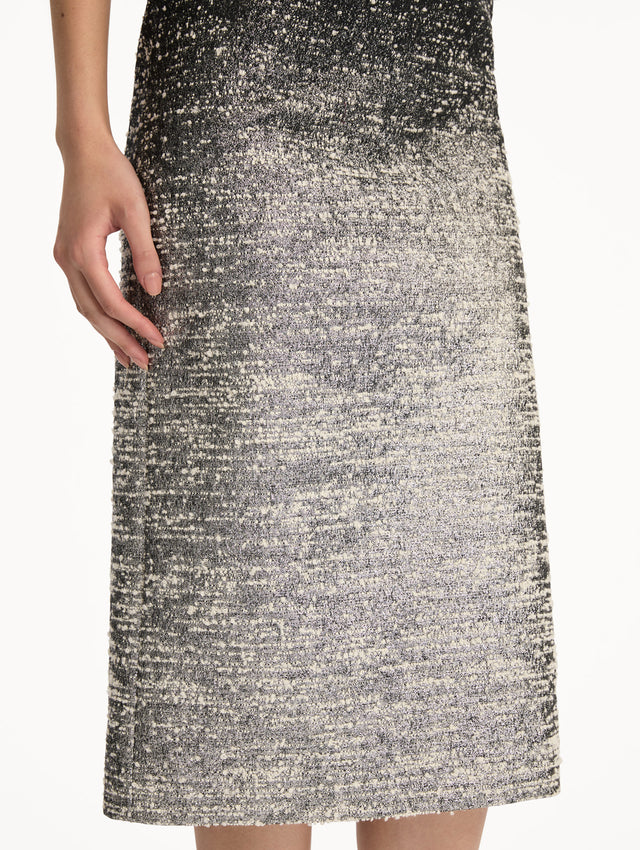 Black and Ivory Ombré Lurex Bouclé Jacquard Skirt featuring a fitted silhouette and a textured metallic finish.  Zoom View.