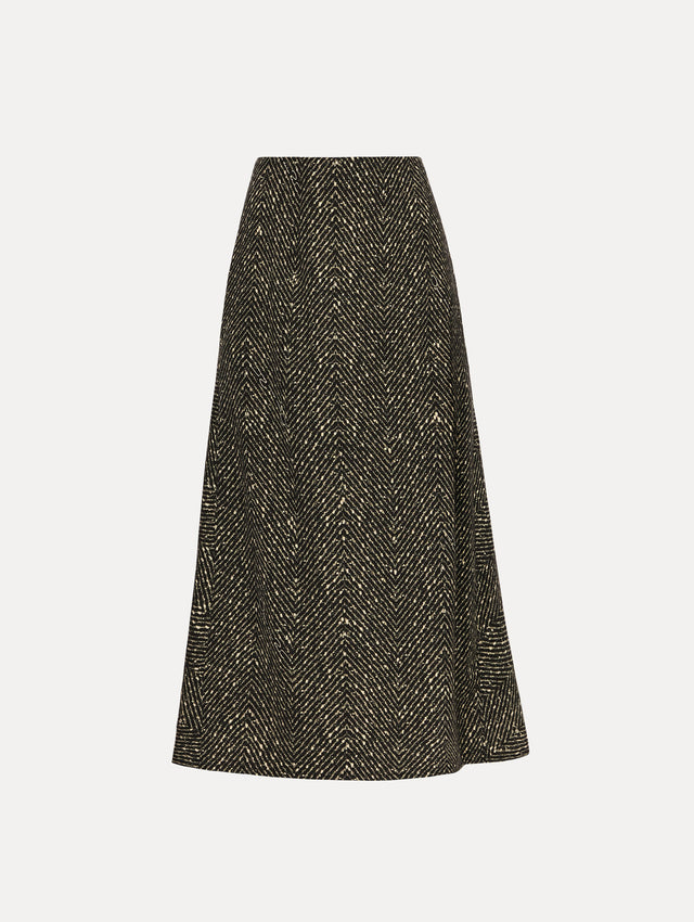 Black and Ivory Chevron Wool Skirt, featuring a high waist and flared silhouette.