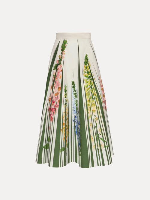 White Foxglove Trompe L’oeil Cotton Poplin Skirt with vertical green stripes and multicolor foxglove floral print.